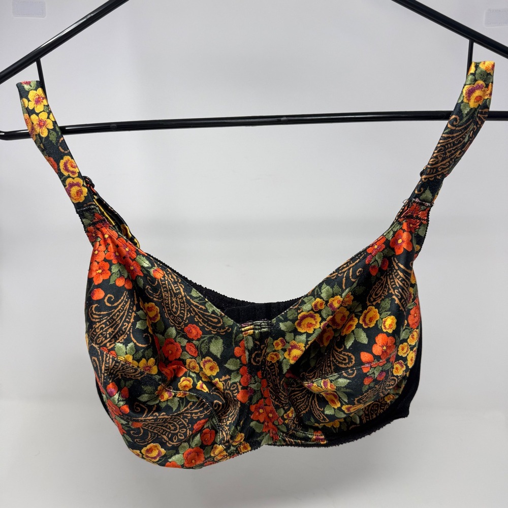 Vintage 80s Vanity Fair Bra Floral Paisley Black Orange Yellow 38DD USA